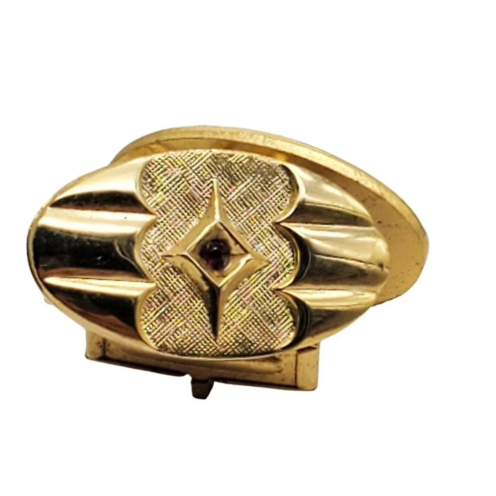 Oval Gold Tone Cufflinks Red Glass‎ Rhinestone Stone MCM Vintage Suit Accessory
